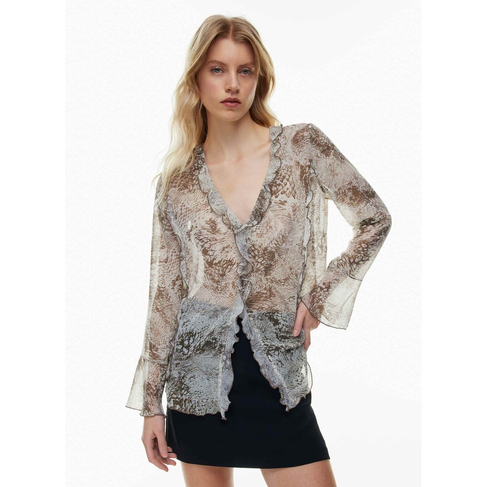 Wilfred Aritzia Blouse Womens Medium Brown Snakeskin Ruffle Sheer V-Neck